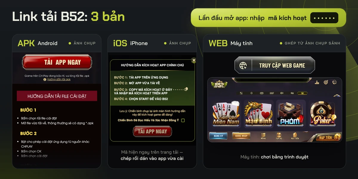 Khu tải B52: nút Tải app ngay cho Android, bảng kích hoạt bản iOS và nút Truy cập web game
